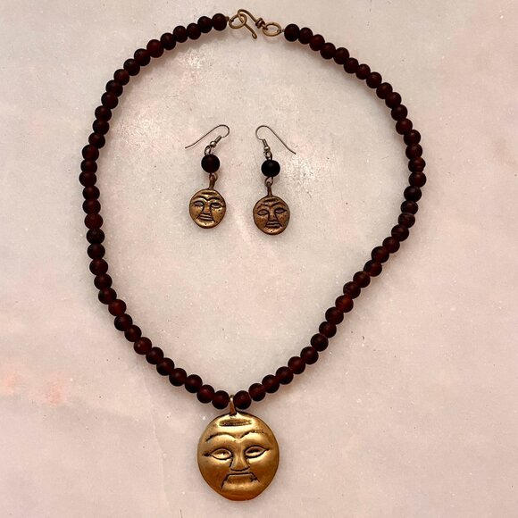 Artisan Hand Crafted Frosted Glass Bead Moon Mask Face Necklace and Earrings Set - Picture 1 of 8